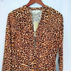 Michael Kors Women Blouse Size M Leopard print Long sleeve MK Logo in Gold tone